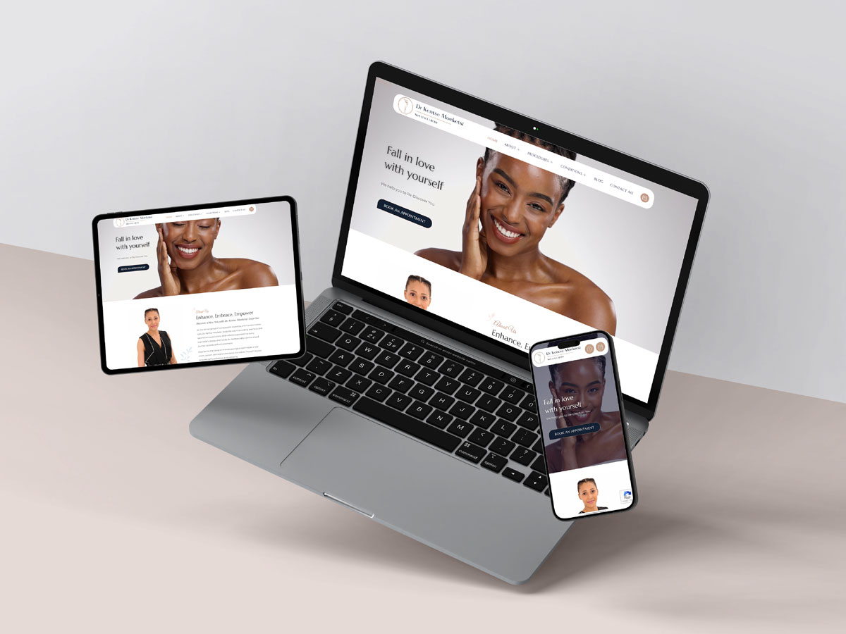 A laptop, tablet, and smartphone displaying the same beauty website with a woman smiling.