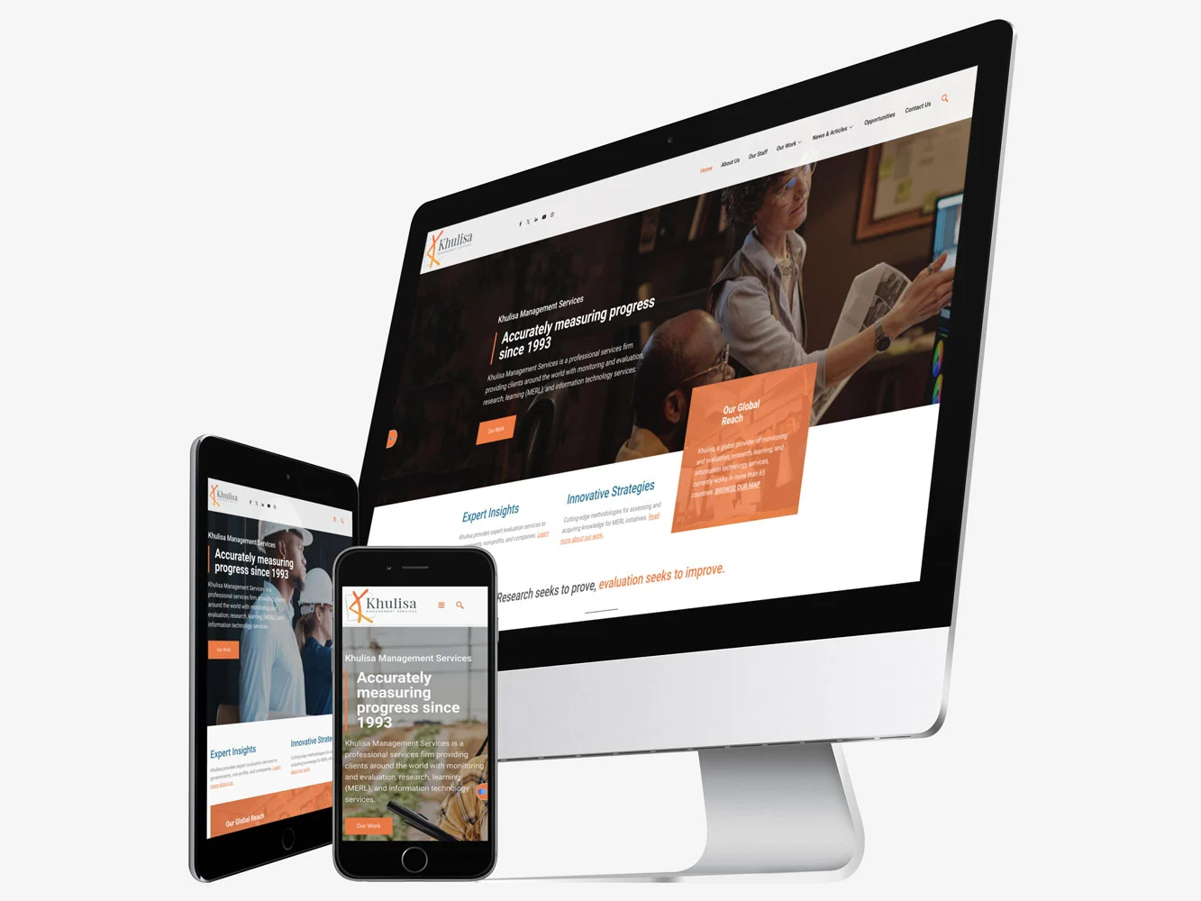 An iMac, iPad, and iPhone display a website with a focus on accurate measuring progress since 1993. The design features orange accents and professional images.