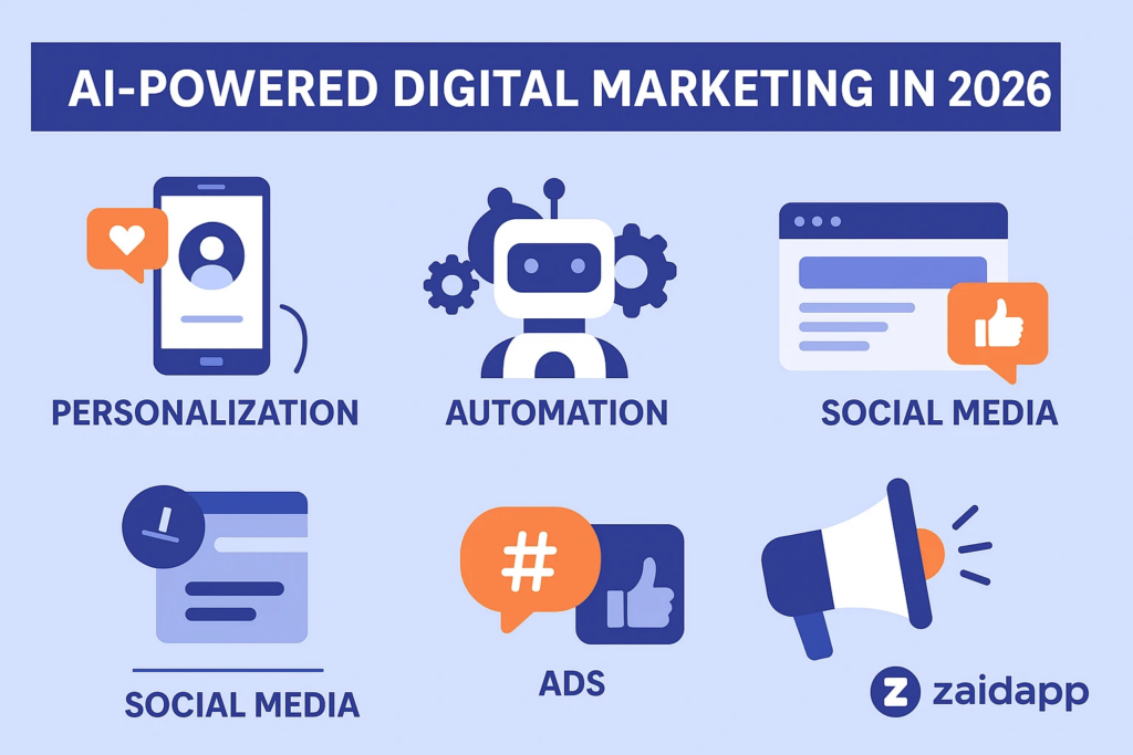 An infographic titled "AI-Powered Digital Marketing Trends 2026" showing icons for personalisation, automation, social media, adverts, and the zaidapp logo—perfect for small businesses looking to stay ahead. - Kemoso