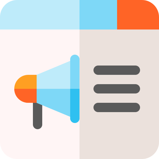 Flat icon showing a blue megaphone and three horizontal lines on a divided background, suggesting communication or an announcement—ideal for a digital agency inviting users to request a quotation. - Kemoso