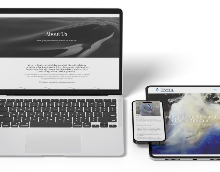 A laptop, smartphone, and tablet display the same business website featuring an "About Us" section focused on diversity recruitment London, with abstract ocean-themed imagery and text on all screens. - Kemoso Zyna Search